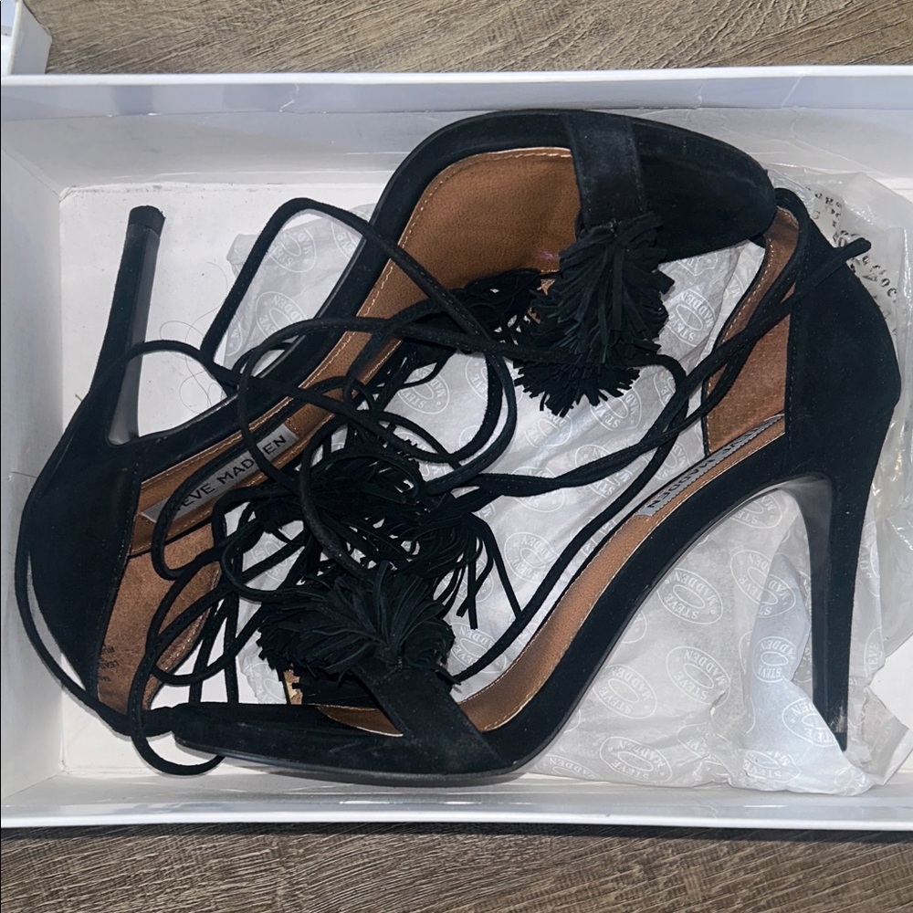 Steve Madden Black Suede Lace-Up Tassel Stiletto Heels